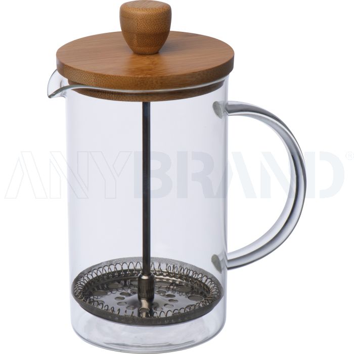 Kaffee- oder Teezubereiter aus Glas mit Bambusdeckel bedrucken