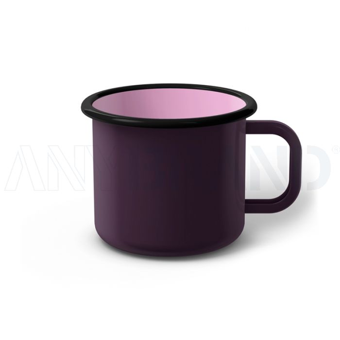 Emaille Tasse 8 cm dunkelviolett, schwarzer Rand, Innenfarbe pink, (Klassiker) bedrucken