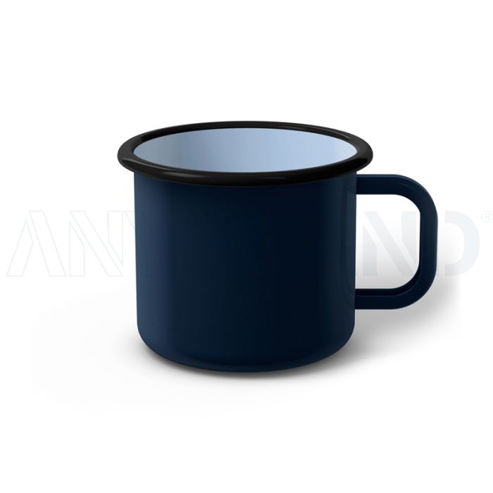 Emaille Tasse 8 cm dunkelblau, schwarzer Rand, Innenfarbe hellblau, (Klassiker) bedrucken
