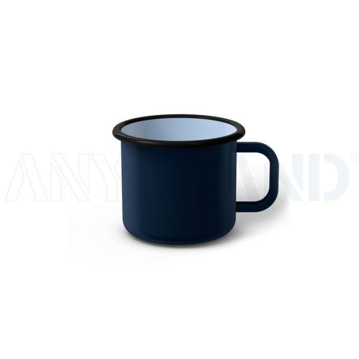 Emaille Tasse 6 cm dunkelblau, schwarzer Rand, Innenfarbe hellblau, (Kaffeetasse) bedrucken
