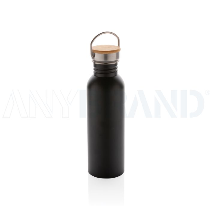 Moderne Stainless-Steel Flasche mit Bambusdeckel bedrucken