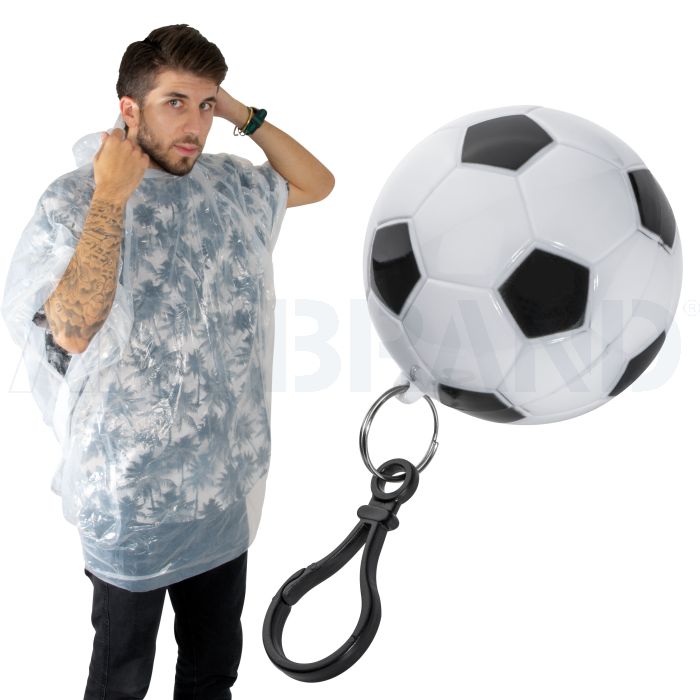 Regenponcho in einer Kunststoffkugel in Fußballoptik bedrucken