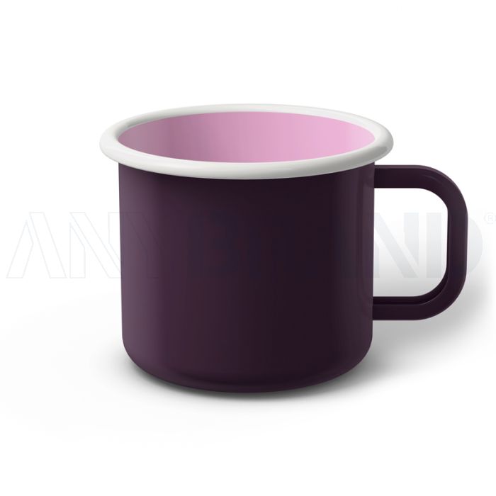 Emaille Tasse 9 cm dunkelviolett, weißer Rand, Innenfarbe pink, (Jumbotasse) bedrucken