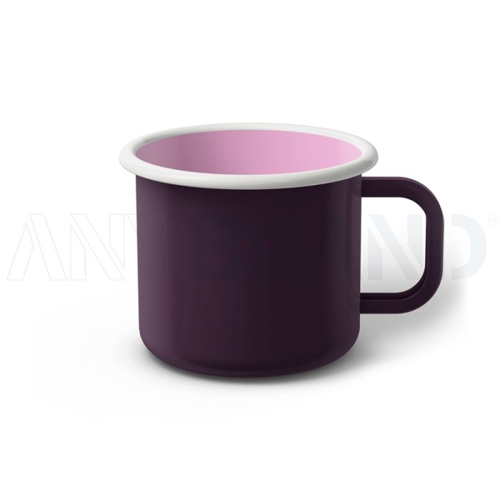 Emaille Tasse 8 cm dunkelviolett, weißer Rand, Innenfarbe pink, (Klassiker) bedrucken