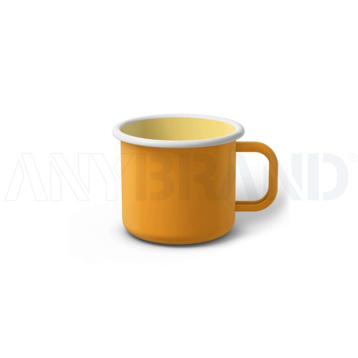Emaille Tasse 6 cm dunkelgelb, weißer Rand, Innenfarbe hellgelb, (Kaffeetasse) bedrucken