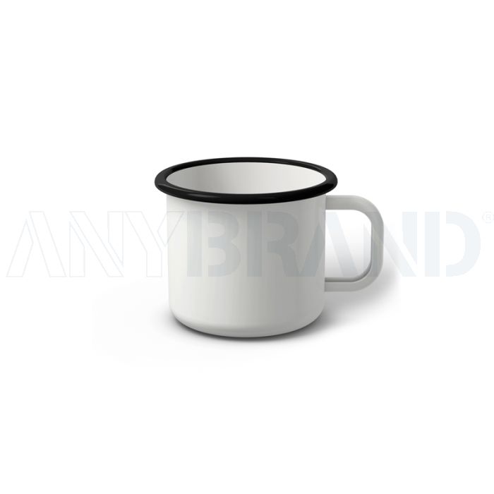 Emaille Tasse Standard 6 cm, weiß mit schwarzem Rand, (Kaffeetasse) bedrucken