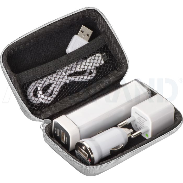 Travel Set Powerbank, EU-Stecker und USB Ladegerät bedrucken
