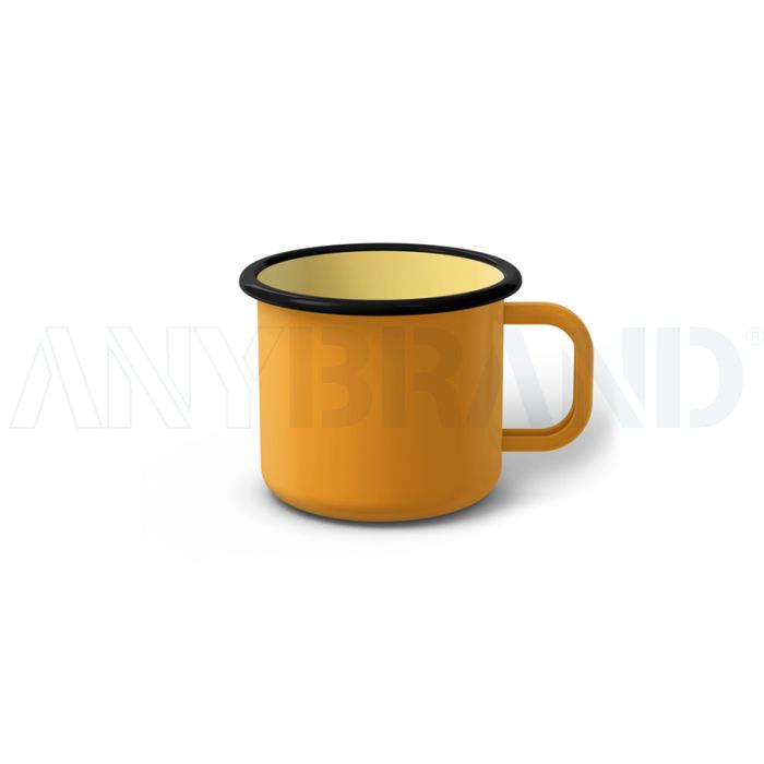 Emaille Tasse 6 cm dunkelgelb, schwarzer Rand, Innenfarbe hellgelb, (Kaffeetasse) bedrucken