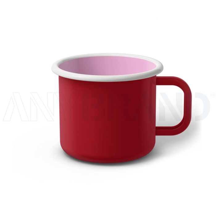 Emaille Tasse 8 cm dunkelrot, weißer Rand, Innenfarbe pink, (Klassiker) bedrucken