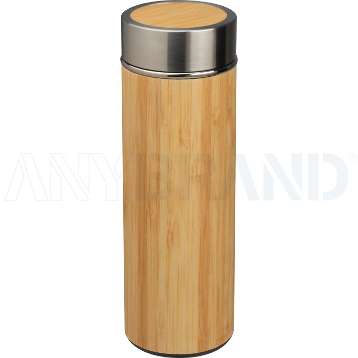 Edelstahl Trinkflasche mit Bambusummantelung und Teesieb, 350ml bedrucken