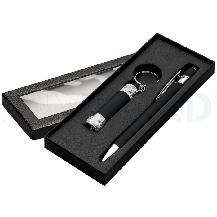 Alpha Kugelschreiber mit Davis LED-Taschenlampe Geschenkset und Fensterbox bedrucken