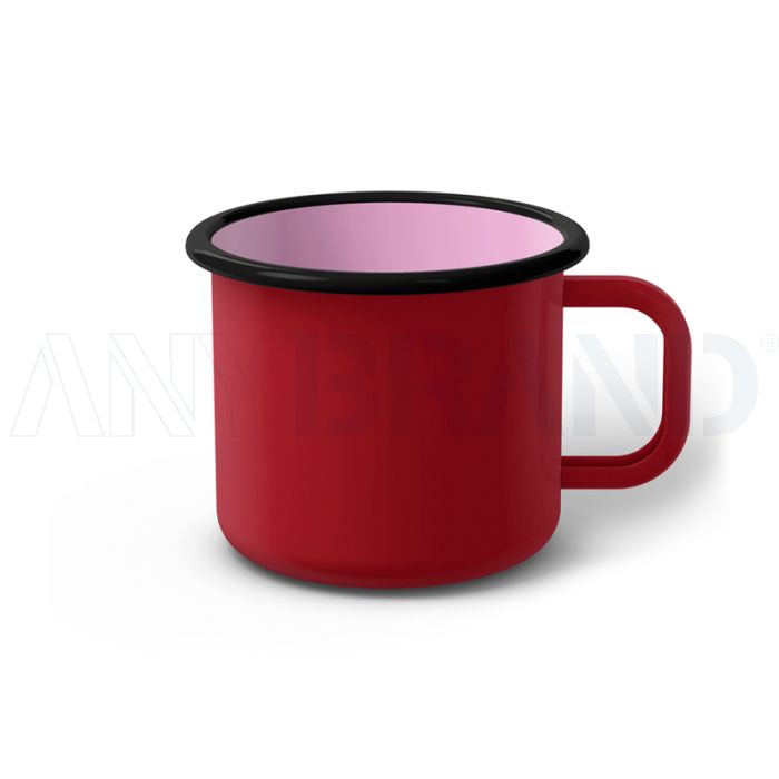 Emaille Tasse 8 cm dunkelrot, schwarzer Rand, Innenfarbe pink, (Klassiker) bedrucken