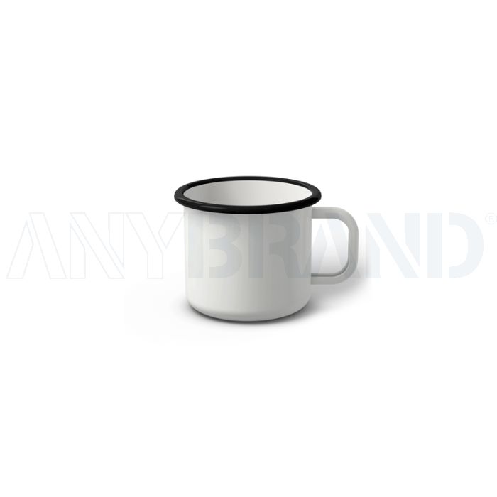 Emaille Tasse Standard 5 cm, weiß mit schwarzem Rand, (Espressotasse) bedrucken