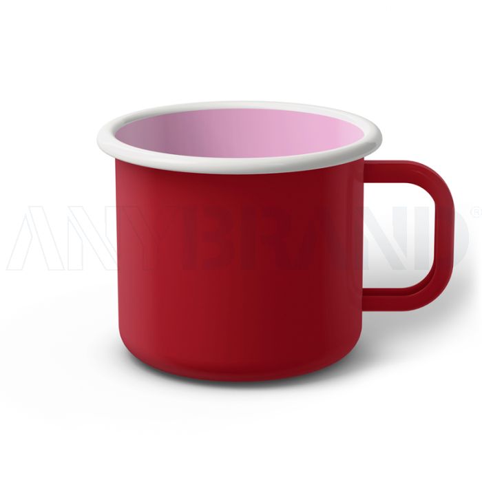 Emaille Tasse 9 cm dunkelrot, weißer Rand, Innenfarbe pink, (Jumbotasse) bedrucken
