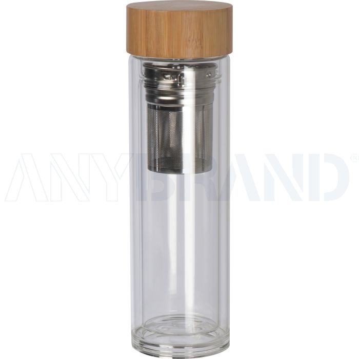 Vakuum Borosilikat Glasflasche mit Teesieb, 420ml bedrucken