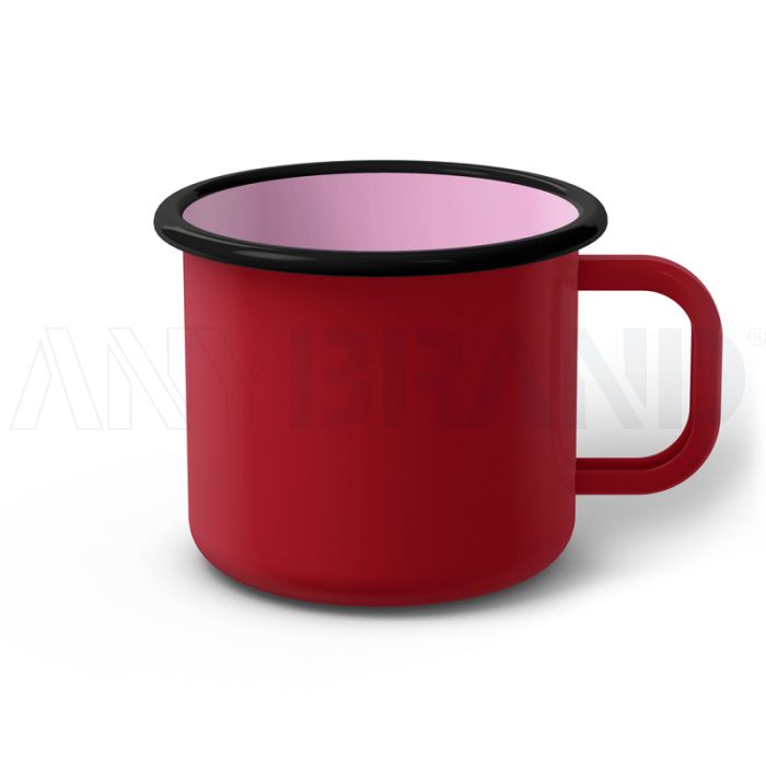Emaille Tasse 9 cm dunkelrot, schwarzer Rand, Innenfarbe pink, (Jumbotasse) bedrucken