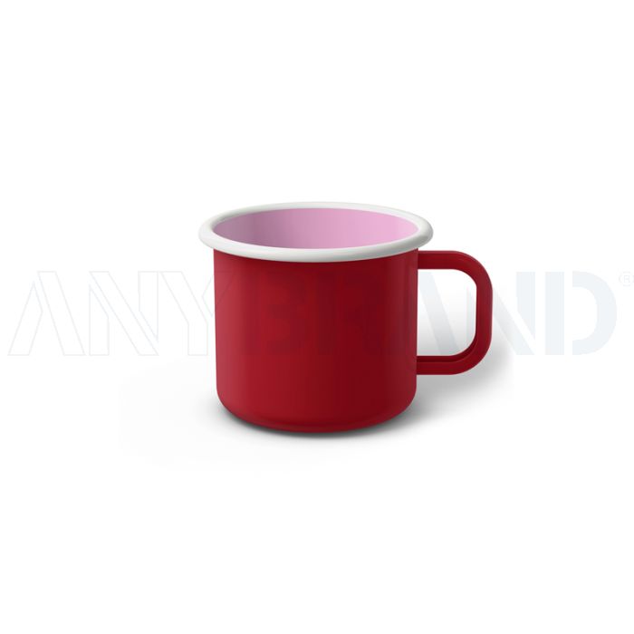 Emaille Tasse 6 cm dunkelrot, weißer Rand, Innenfarbe pink, (Kaffeetasse) bedrucken