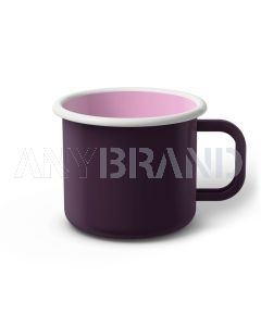 Emaille Tasse 9 cm dunkelviolett, weißer Rand, Innenfarbe pink, (Jumbotasse)