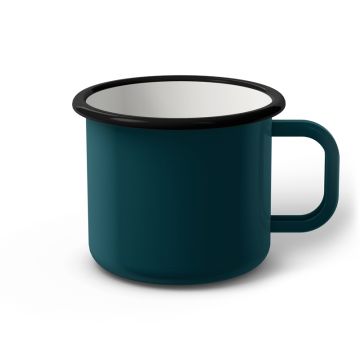 Emaille Tasse 9 cm dunkeltürkis, schwarzer Rand, Innenfarbe weiß, (Jumbotasse)