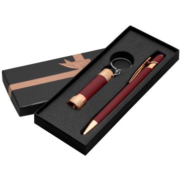 Alpha Soft Touch mit Davis LED-Taschenlampe roségold Geschenkset Schleife burgundy