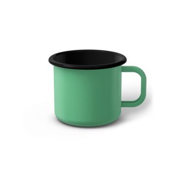 Emaille Tasse 7 cm helltürkis, schwarzer Rand, Innenfarbe schwarz, (Cappuccinotasse)