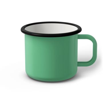 Emaille Tasse 9 cm helltürkis, schwarzer Rand, Innenfarbe weiß, (Jumbotasse)