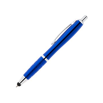 Curvo Metallkugelschreiber chrome mit Metallgriffzone und Stylus blau