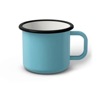 Emaille Tasse 9 cm türkis, schwarzer Rand, Innenfarbe weiß, (Jumbotasse)