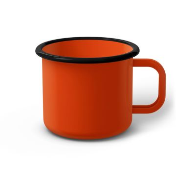 Emaille Tasse 9 cm orange, schwarzer Rand, Innenfarbe orange, (Jumbotasse) Emaille Tasse 9 cm orange, schwarzer Rand, Innenfarbe orange, (Jumbotasse)