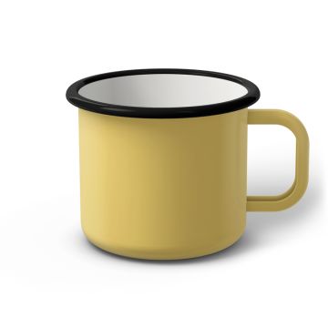 Emaille Tasse 9 cm hellgelb, schwarzer Rand, Innenfarbe weiß, (Jumbotasse) Emaille Tasse 9 cm hellgelb, schwarzer Rand, Innenfarbe weiß, (Jumbotasse)