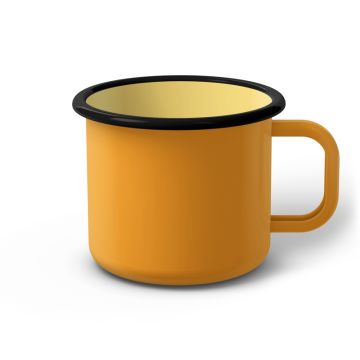 Emaille Tasse 9 cm dunkelgelb, schwarzer Rand, Innenfarbe hellgelb, (Jumbotasse) Emaille Tasse 9 cm dunkelgelb, schwarzer Rand, Innenfarbe hellgelb, (Jumbotasse)