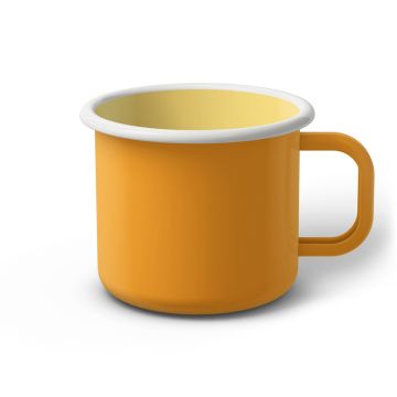 Emaille Tasse 9 cm dunkelgelb, weißer Rand, Innenfarbe hellgelb, (Jumbotasse) Emaille Tasse 9 cm dunkelgelb, weißer Rand, Innenfarbe hellgelb, (Jumbotasse)