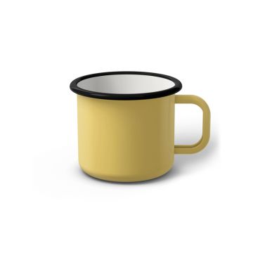Emaille Tasse 7 cm hellgelb, schwarzer Rand, Innenfarbe weiß, (Cappuccinotasse) Emaille Tasse 7 cm hellgelb, schwarzer Rand, Innenfarbe weiß, (Cappuccinotasse)
