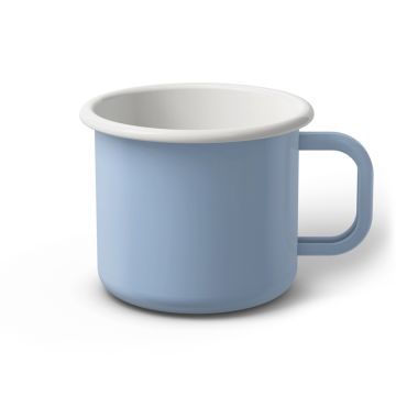 Emaille Tasse 9 cm hellblau, weißer Rand, Innenfarbe weiß, (Jumbotasse) Emaille Tasse 9 cm hellblau, weißer Rand, Innenfarbe weiß, (Jumbotasse)