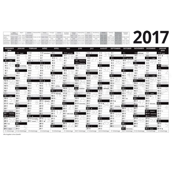 Wandkalender 2017 schwarz mit Feiertagen bedrucken