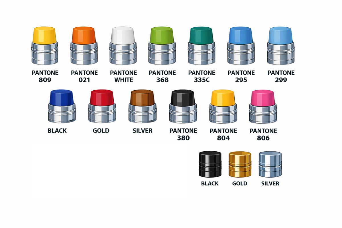 &Uuml;bersicht der Radiergummi- und Zwingen-Farben nach Pantone