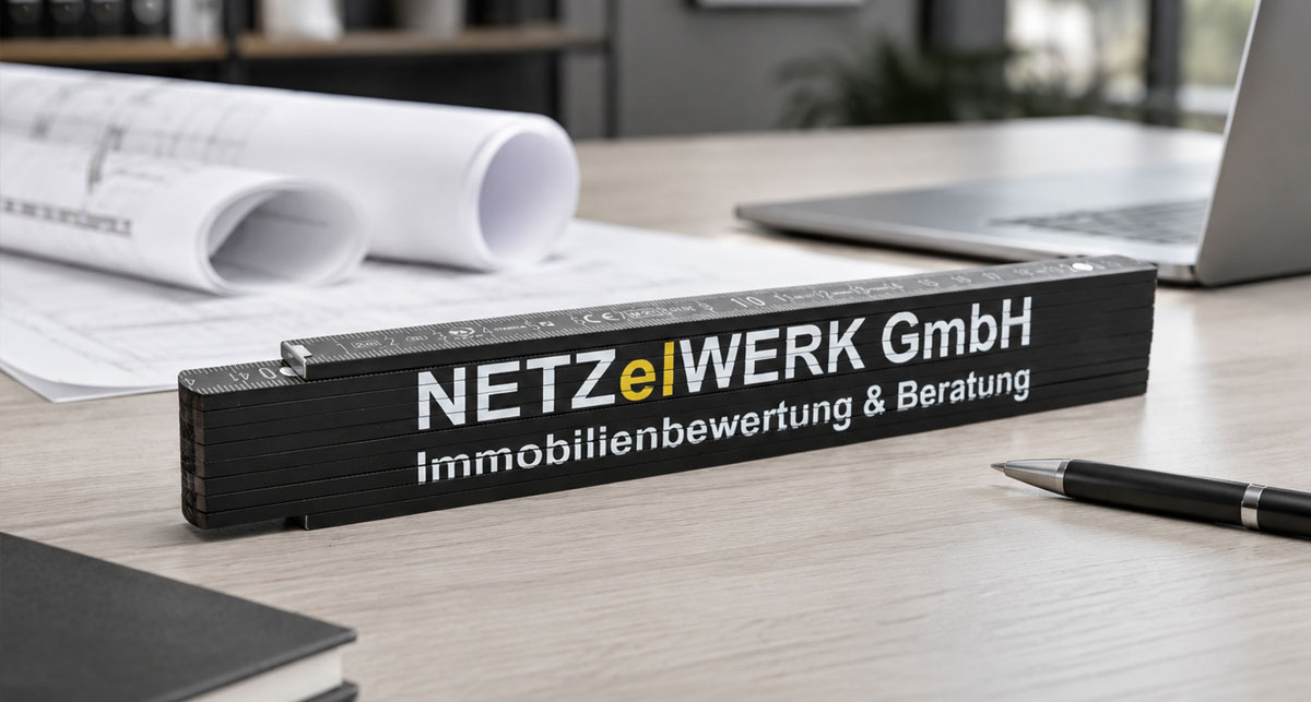 Zollstock in Schwarz mit Logo bedruckt