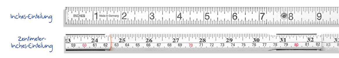 Zollstock mit Inches und Zentimeter Skala